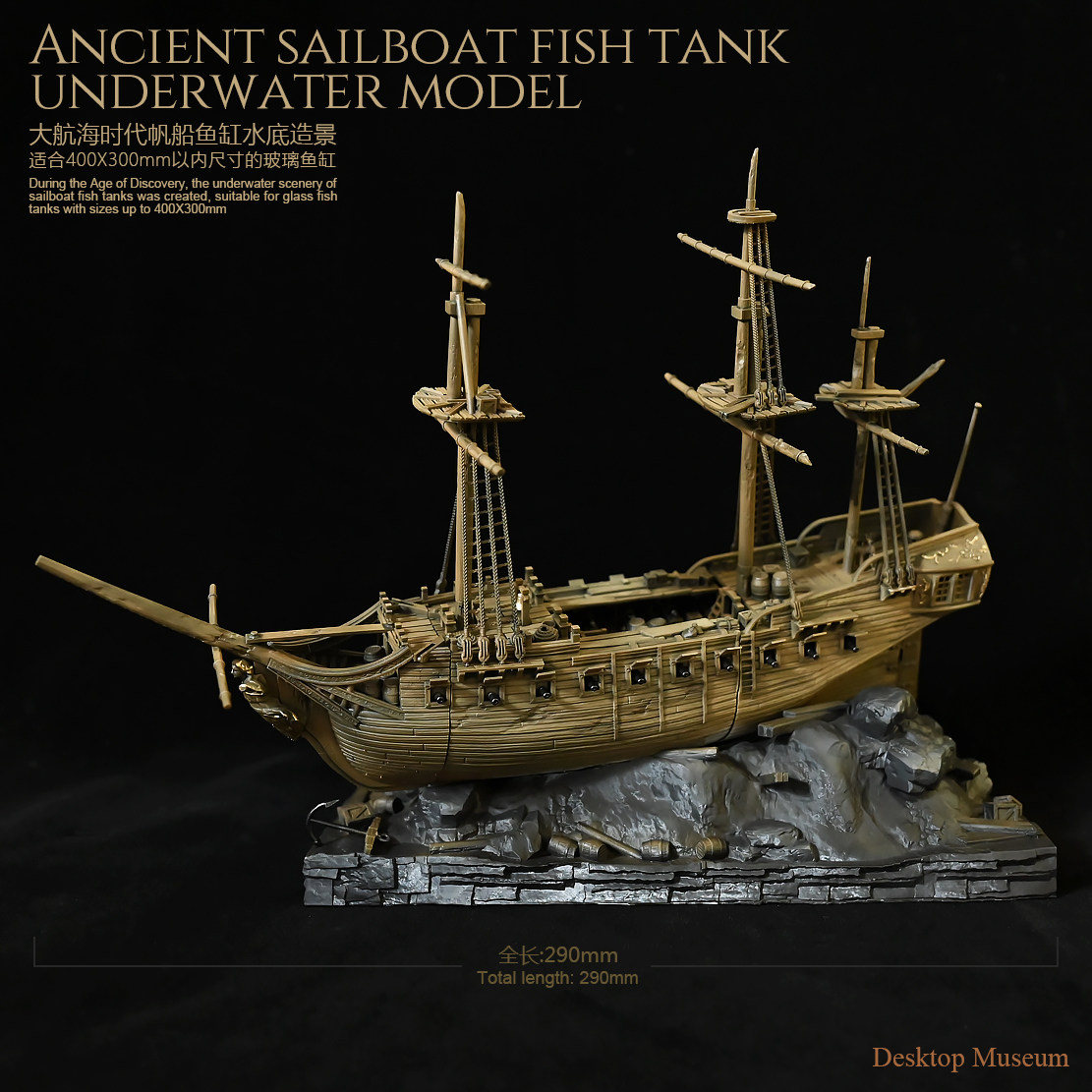 Marine Aquarium Epoxy - 290mm Zeilschip Aquariumdecoratie Epoxyhars Handgemaakt Handgeschilderd